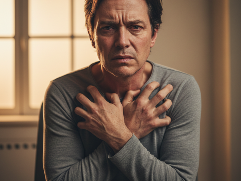 Person experiencing chronic inflammation pain in joints and chest