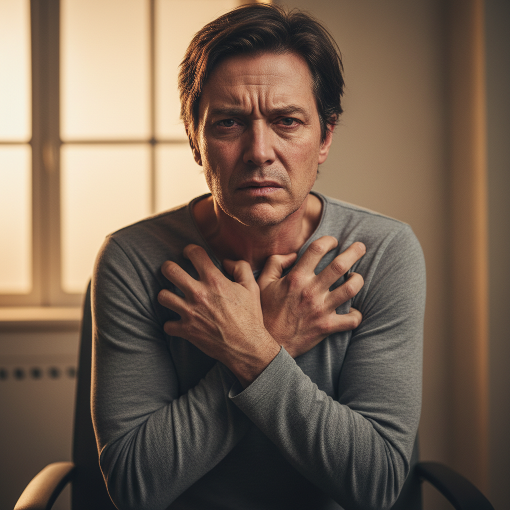 Person experiencing chronic inflammation pain in joints and chest