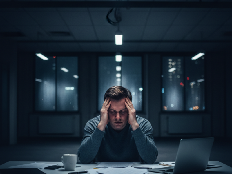 Person overwhelmed by chronic stress and elevated cortisol levels at night