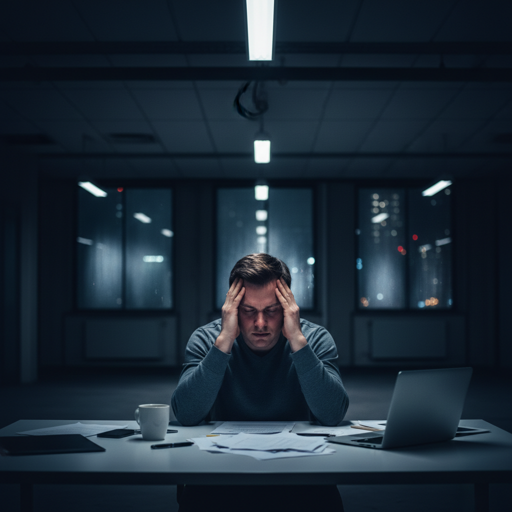 Person overwhelmed by chronic stress and elevated cortisol levels at night