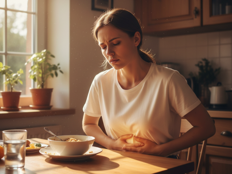 Person experiencing gut discomfort and digestive health problems at home