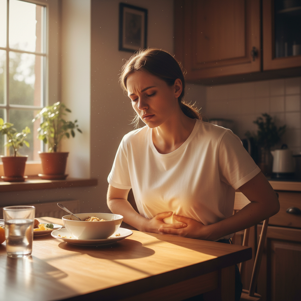 Person experiencing gut discomfort and digestive health problems at home