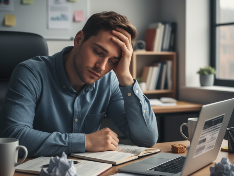 Person suffering from brain fog and cognitive exhaustion at their desk