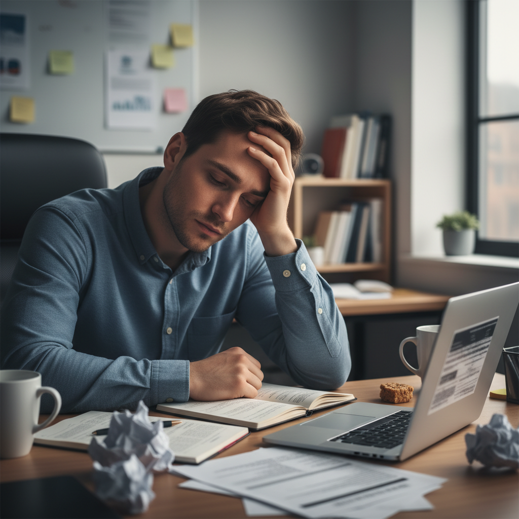 Person suffering from brain fog and cognitive exhaustion at their desk