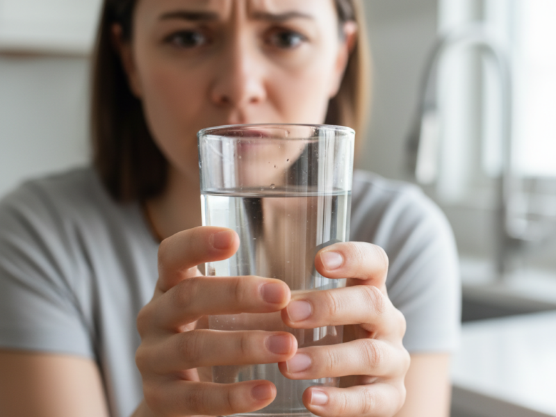 Person holding a glass of water with a concerned expression about microplastic contamination
