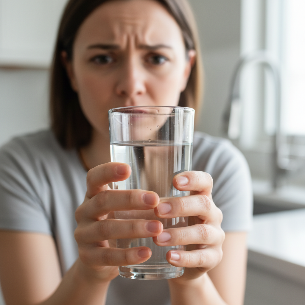 Person holding a glass of water with a concerned expression about microplastic contamination