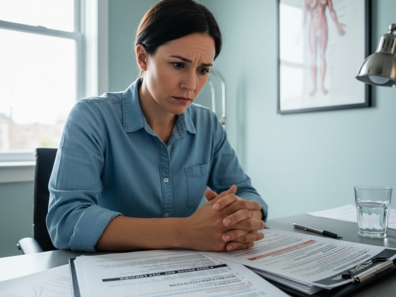 Patient reviewing medication risks and side effects with healthcare provider