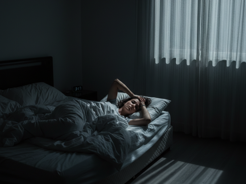 Person lying awake at night unable to sleep suffering from sleep deprivation