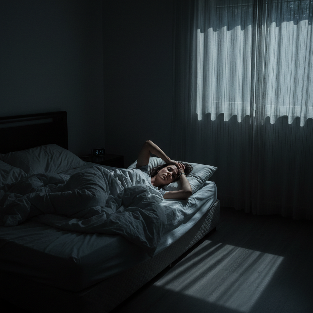 Person lying awake at night unable to sleep suffering from sleep deprivation