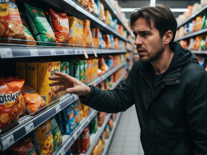 Person looking confused while choosing between unhealthy processed food options