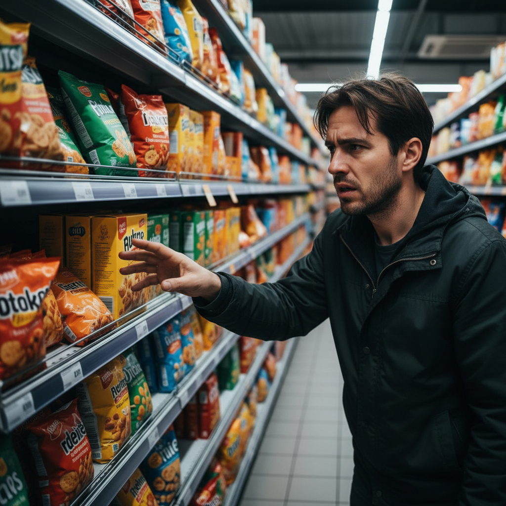 Person looking confused while choosing between unhealthy processed food options
